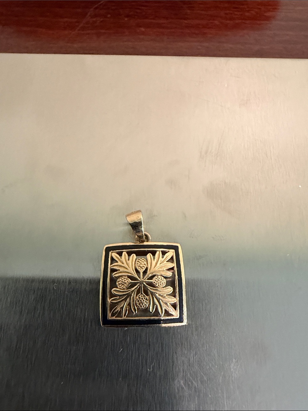 14K Gold Square Floral Pendant with Black Enamel Border - Picture 2 of 4